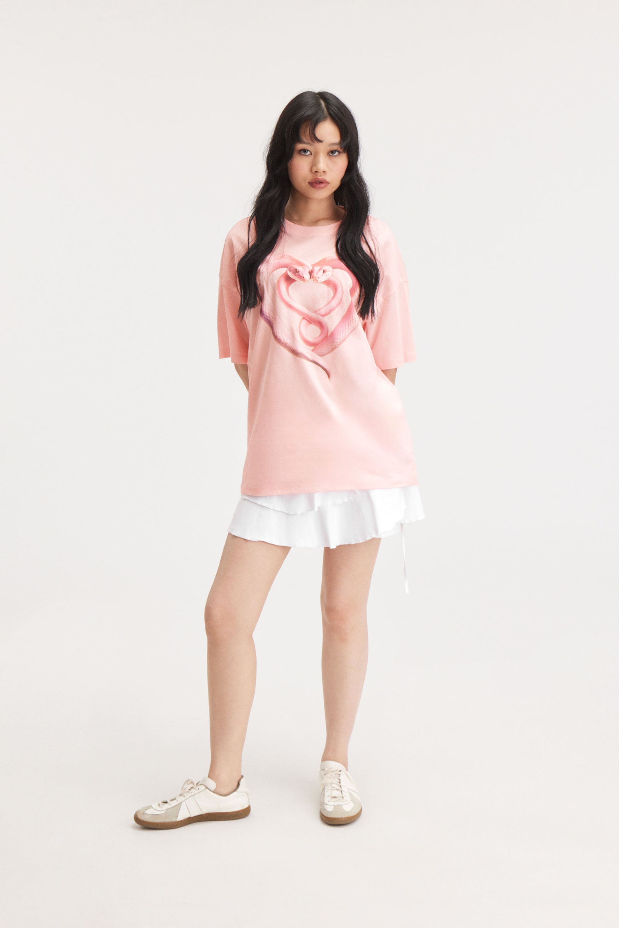 Light Pink - Snake Heart - Oversized Cotton T-shirt - 1