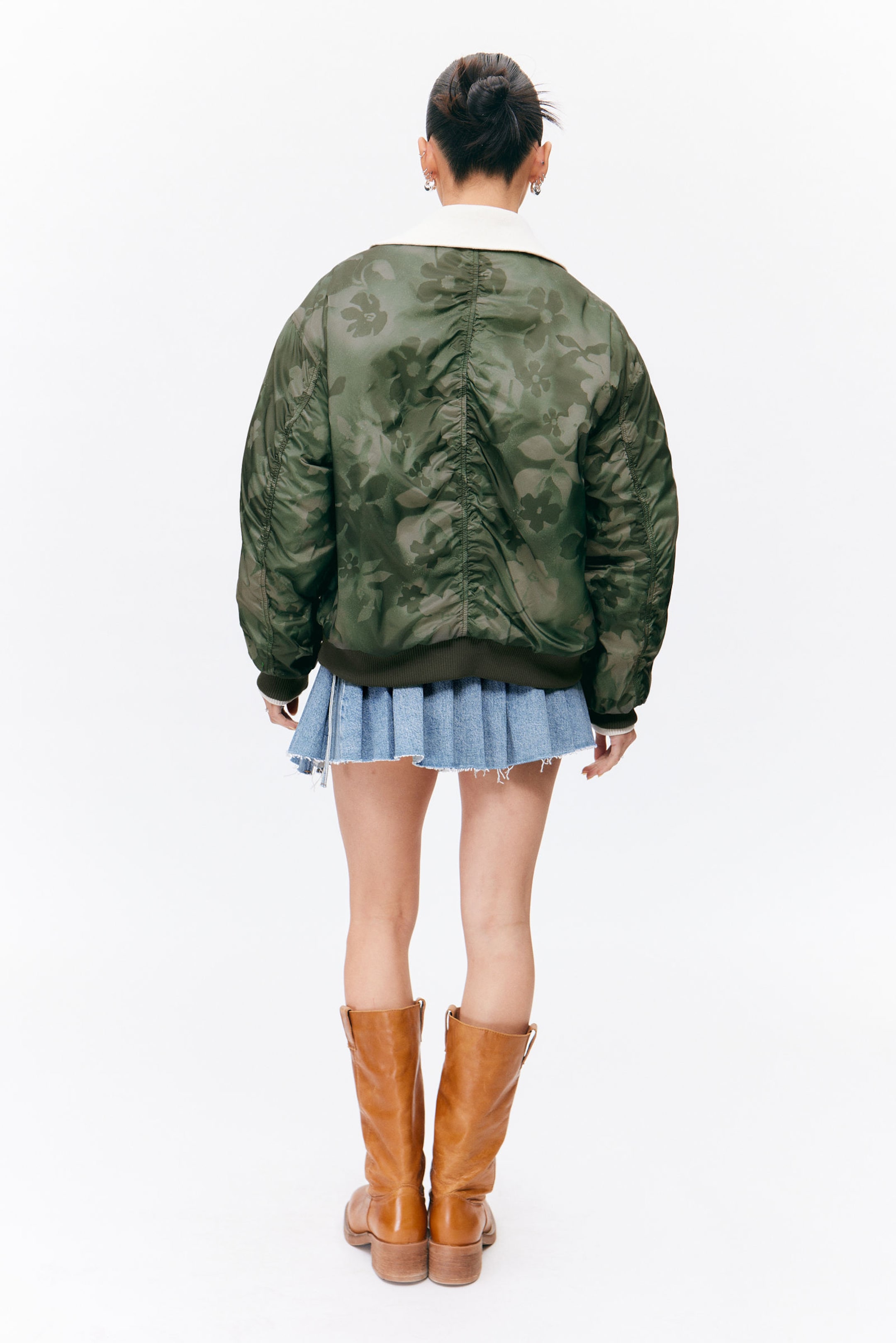 Dark Khaki - Floral - Loose Reversible Bomber Jacket - 4