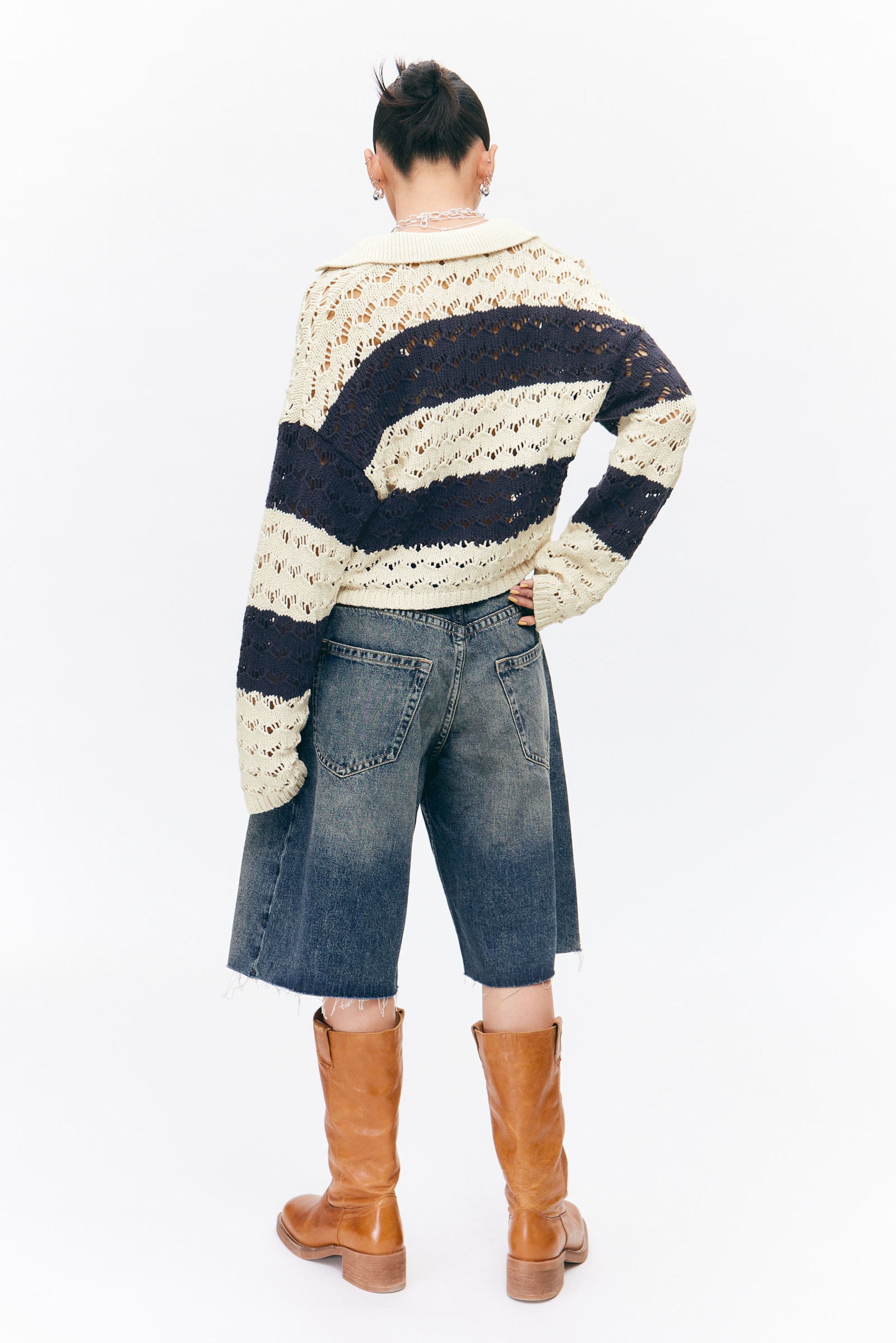 White & Dark Blue Stripe - Loose Open-Knit Sweater - 2