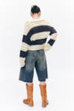 White & Dark Blue Stripe - Loose Open-Knit Sweater - 2