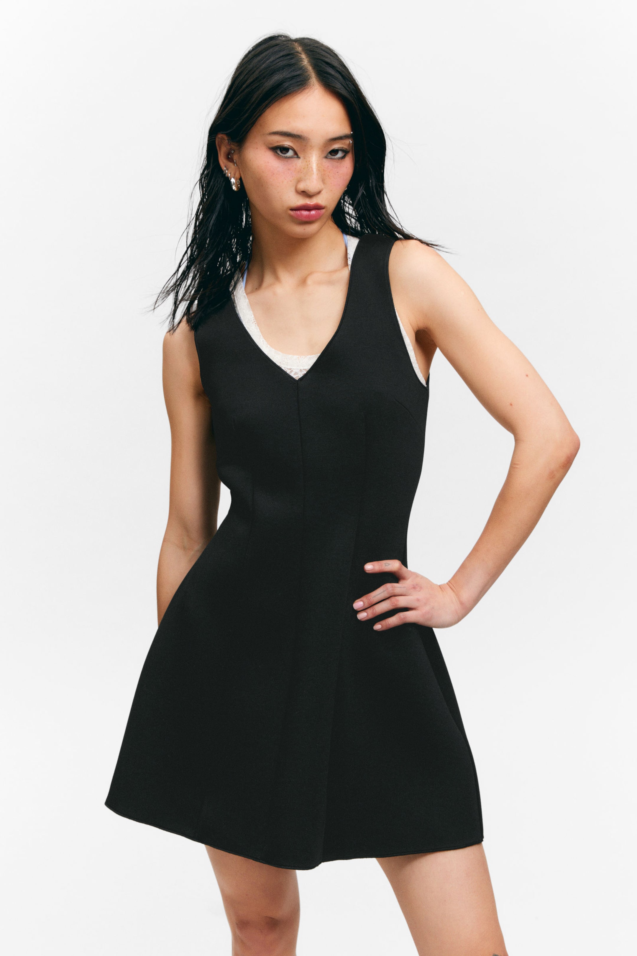 Black - V-Neck Fit-and-Flare Tank Dress - 2