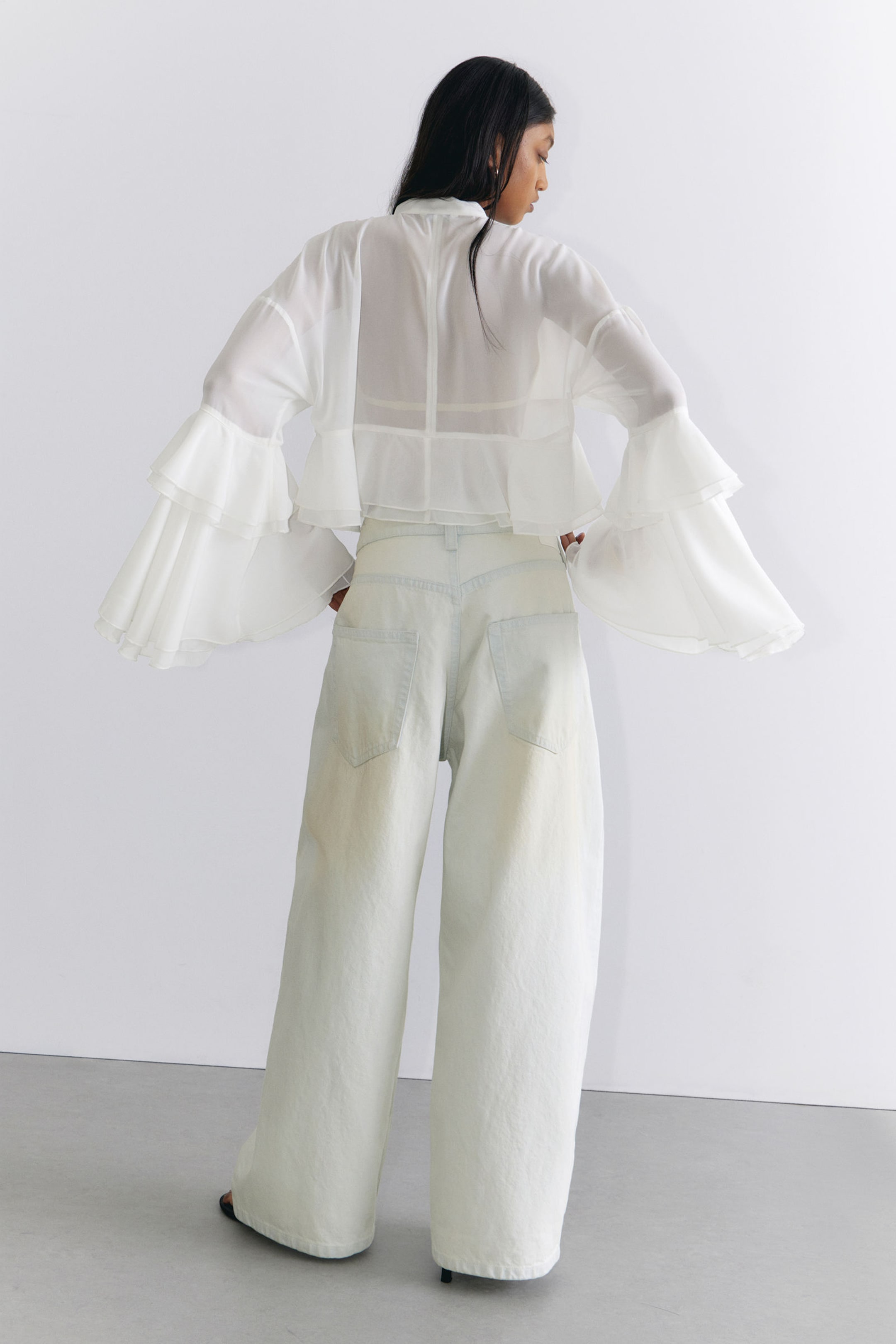 White - Flared Frill-Sleeved Tie-Neck Blouse - 3