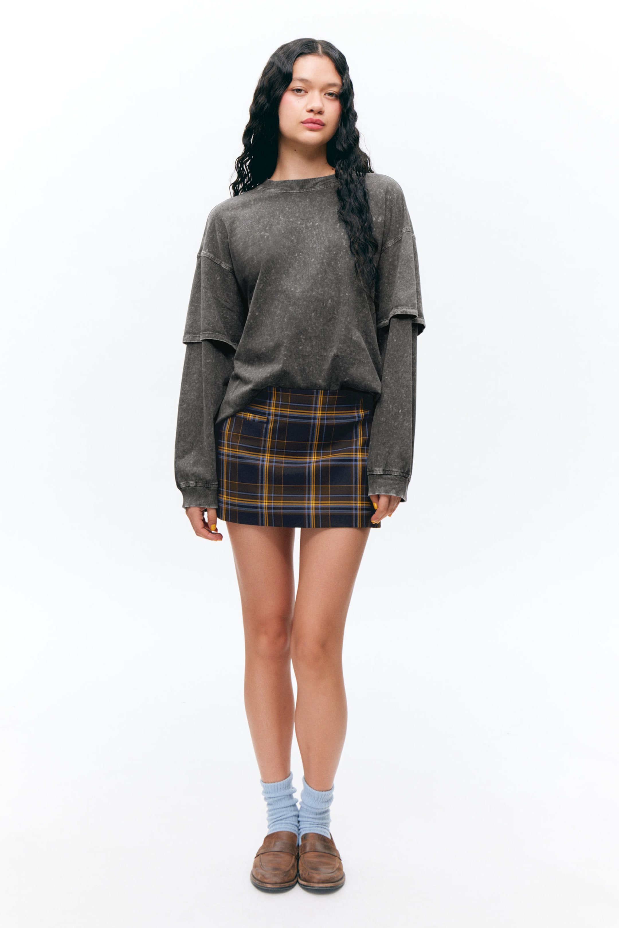 Washed Black - Long-Sleeved Double-Layered Oversized T-shirt - 1