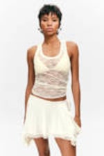 White - Lace-Trim Satin Wrap Mini Skirt - 1