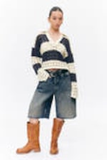 White & Dark Blue Stripe - Loose Open-Knit Sweater - 1