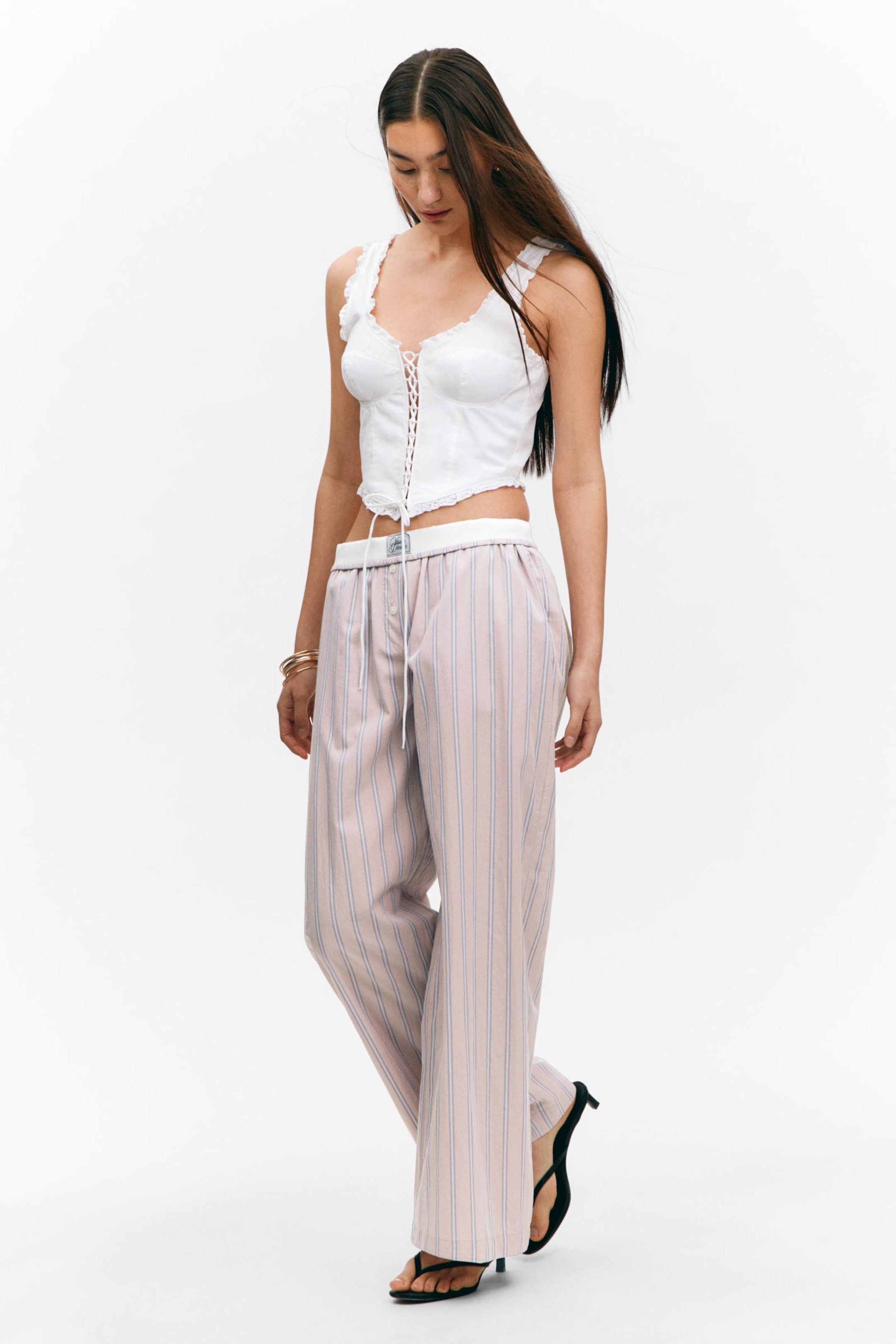 Striped Light Pink - Wide-Leg Cotton Twill Trousers - 3