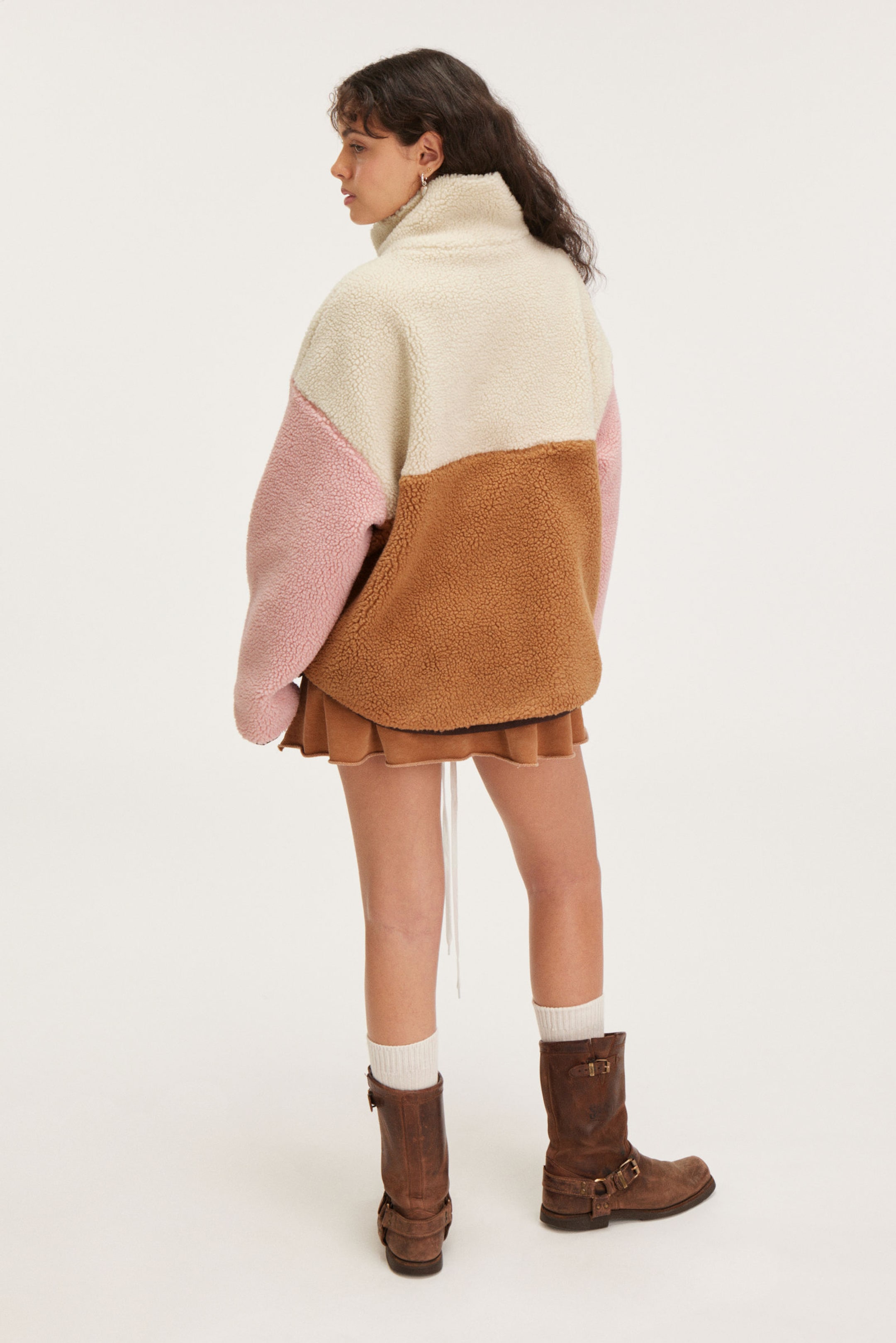 Beige/Brown/Pink - Loose Fleece Zip Jacket - 2