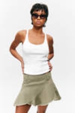 Khaki Green - Frayed Asymmetric Mini Twill Skirt - 1