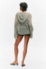 Light Khaki Green - Open-knit Hooded Sweater - 3