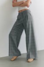 Checked Grey - Pleated High Waist Wide Leg Suiting Trousers - 1