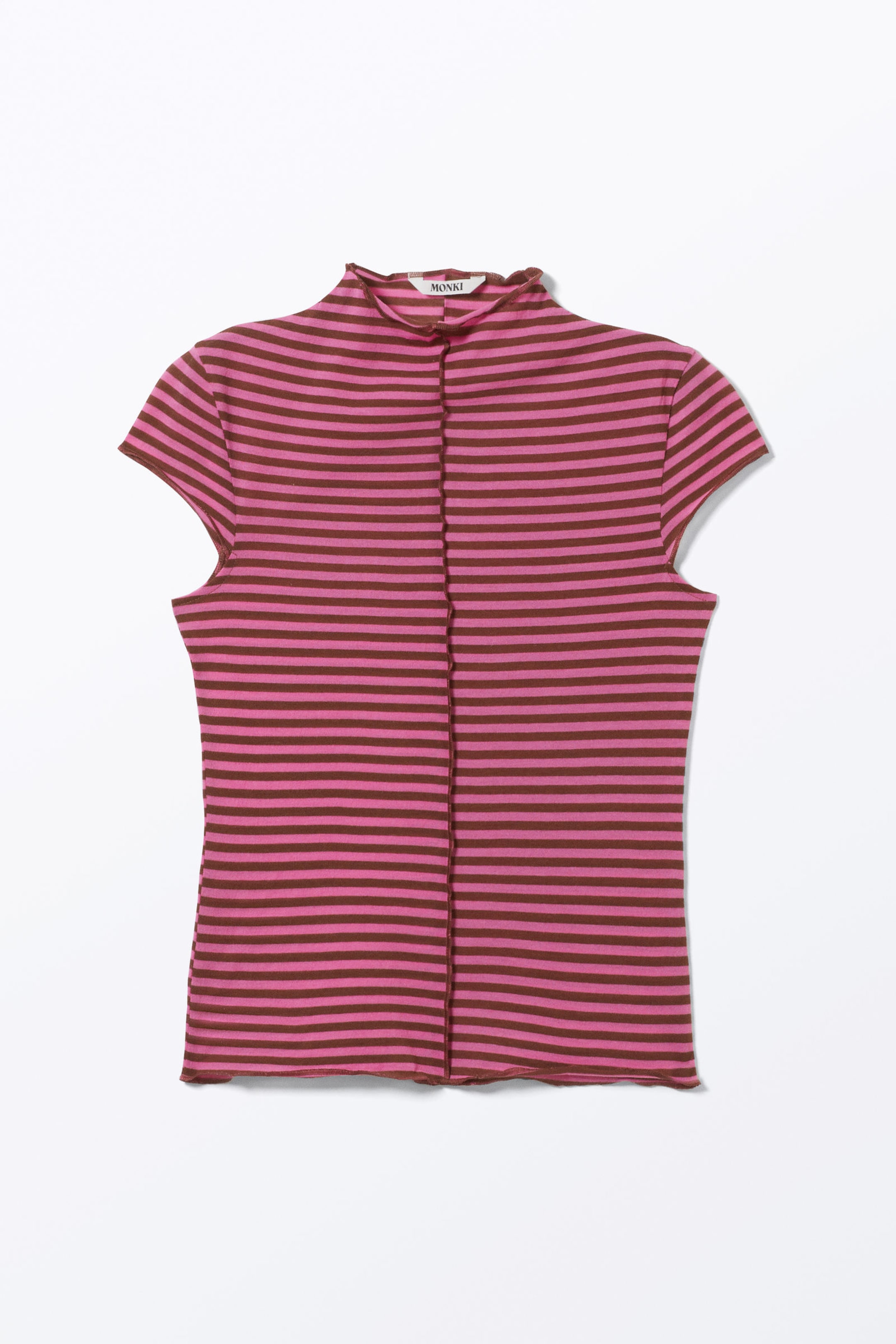 Striped Pink - Fitted Cap-Sleeved Mock-Turtleneck T-shirt - 3