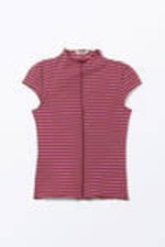 Striped Pink - Fitted Cap-Sleeved Mock-Turtleneck T-shirt - 3