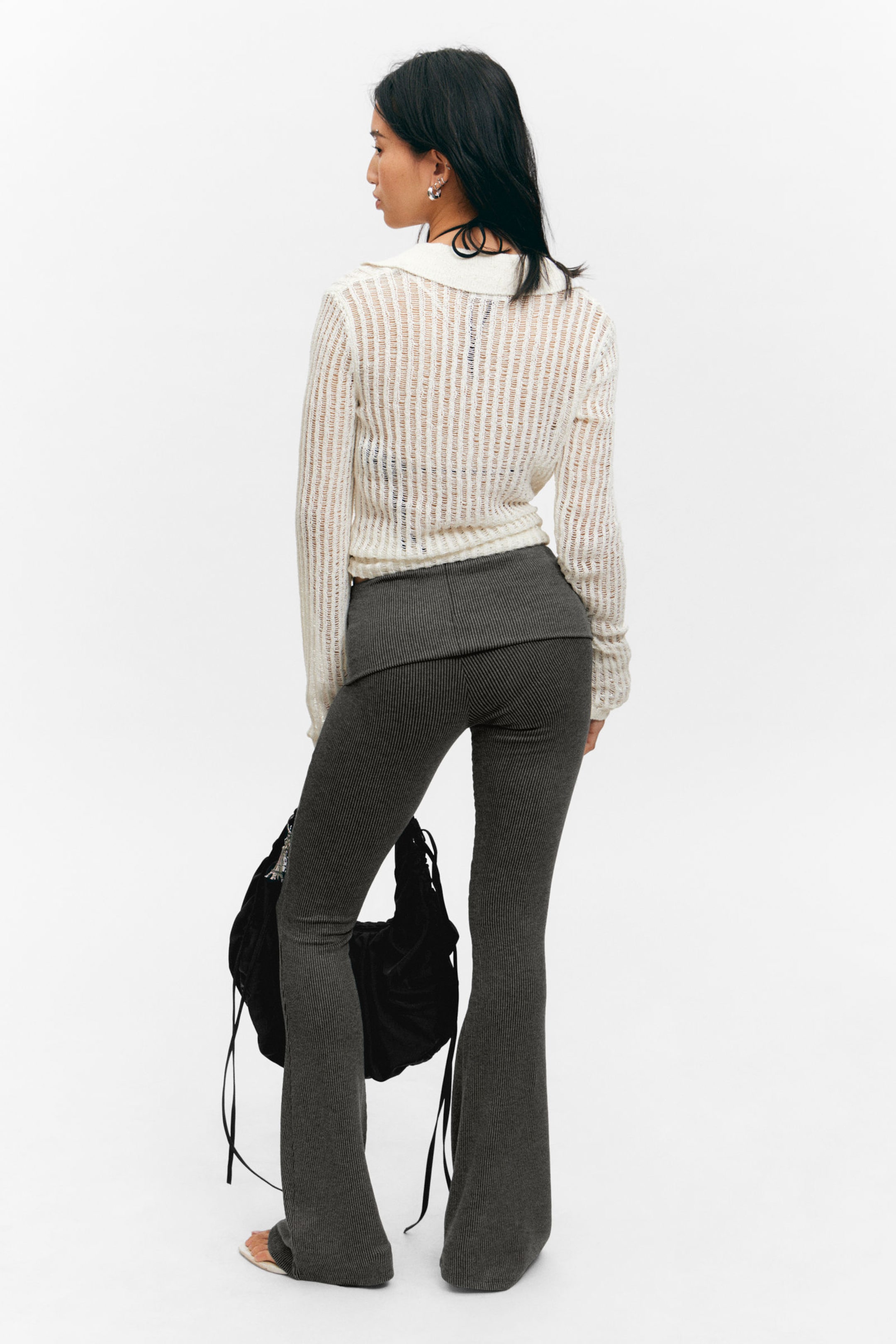 Dark Grey - Low Waist Flared Ribbed Trousers - 3