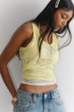 Light Yellow - Sheer Lace Sleeveless Tank Top - 0