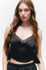 Black - Lace Satin Strap Top - 1