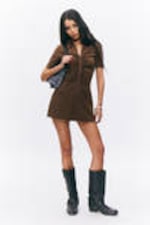Dark Brown - Short-Sleeved Mini Shirt Dress - 0
