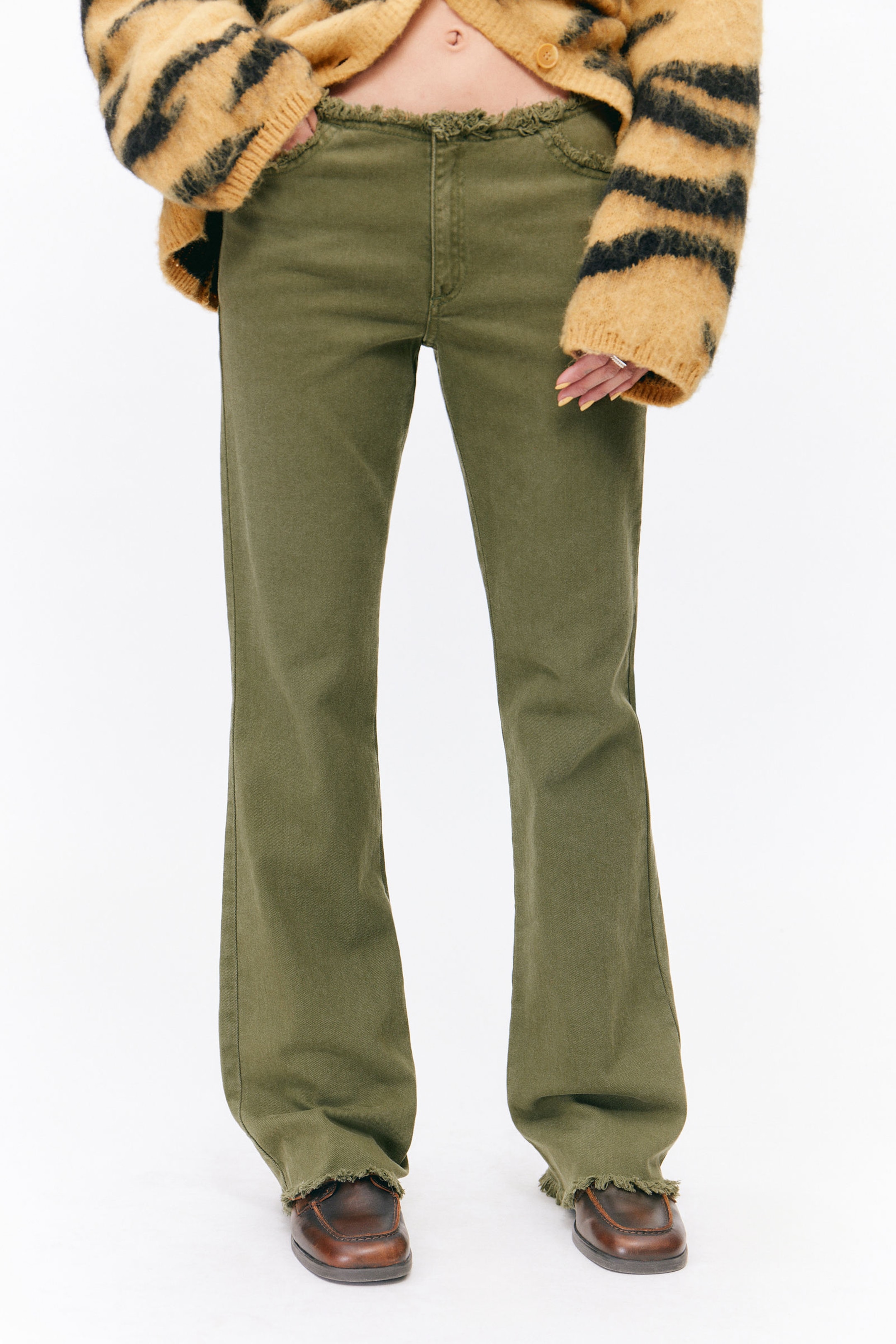 Dark Khaki Green - Frayed Low Waist Twill Trousers - 1