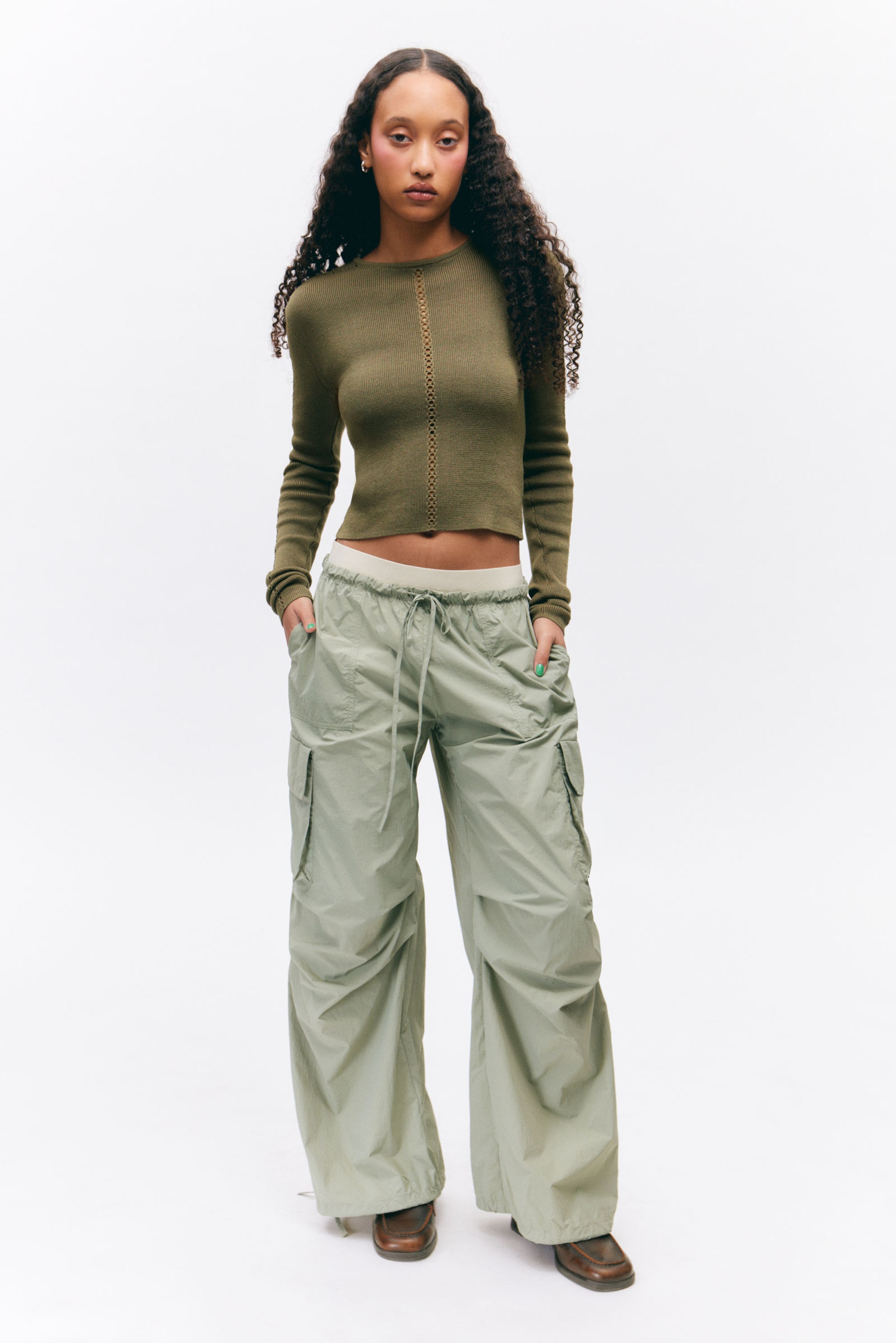 Light Khaki Green - Loose Nylon Cargo Trousers - 0