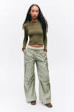 Light Khaki Green - Loose Nylon Cargo Trousers - 0