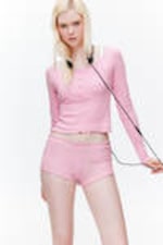 Pink - Ribbed Frilled Mini Shorts - 1