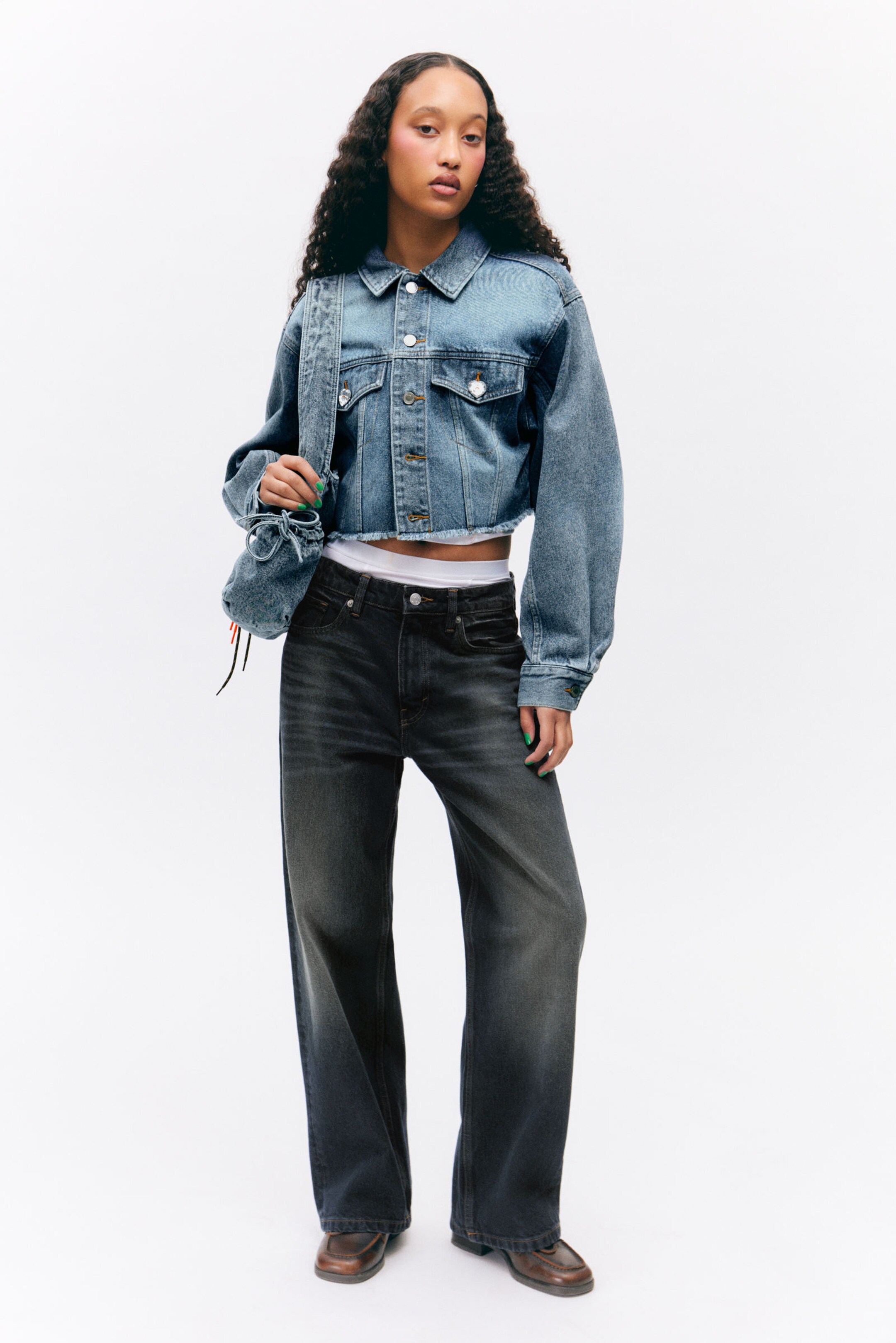 #4C5164 - Cropped Oversized Barrel-Sleeved Denim Jacket - 2