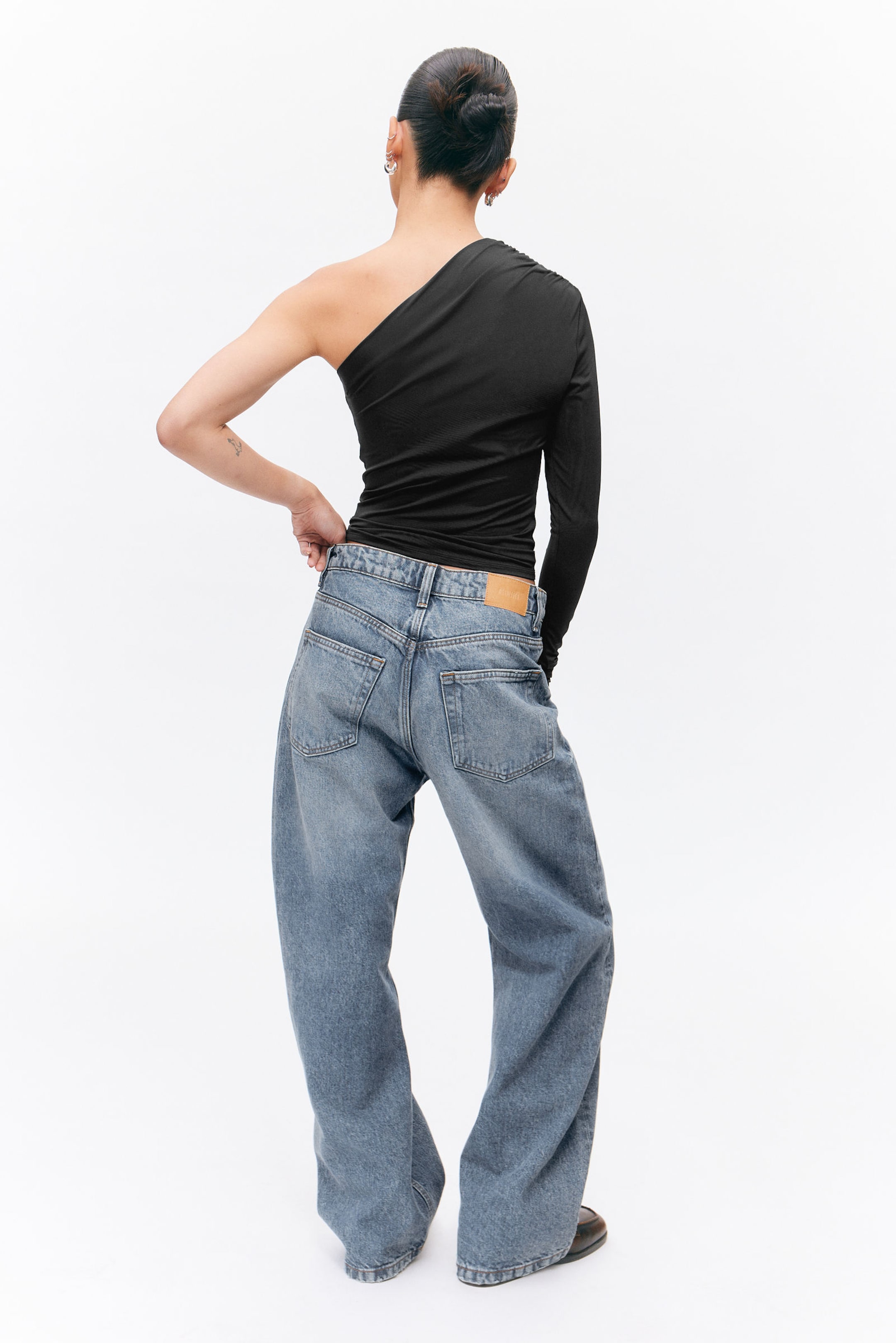 Black - Draped One-Shoulder Nylon Top - 2