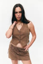 Washed Dark Brown - Sleeveless Lace-Up Denim Waistcoat - 0