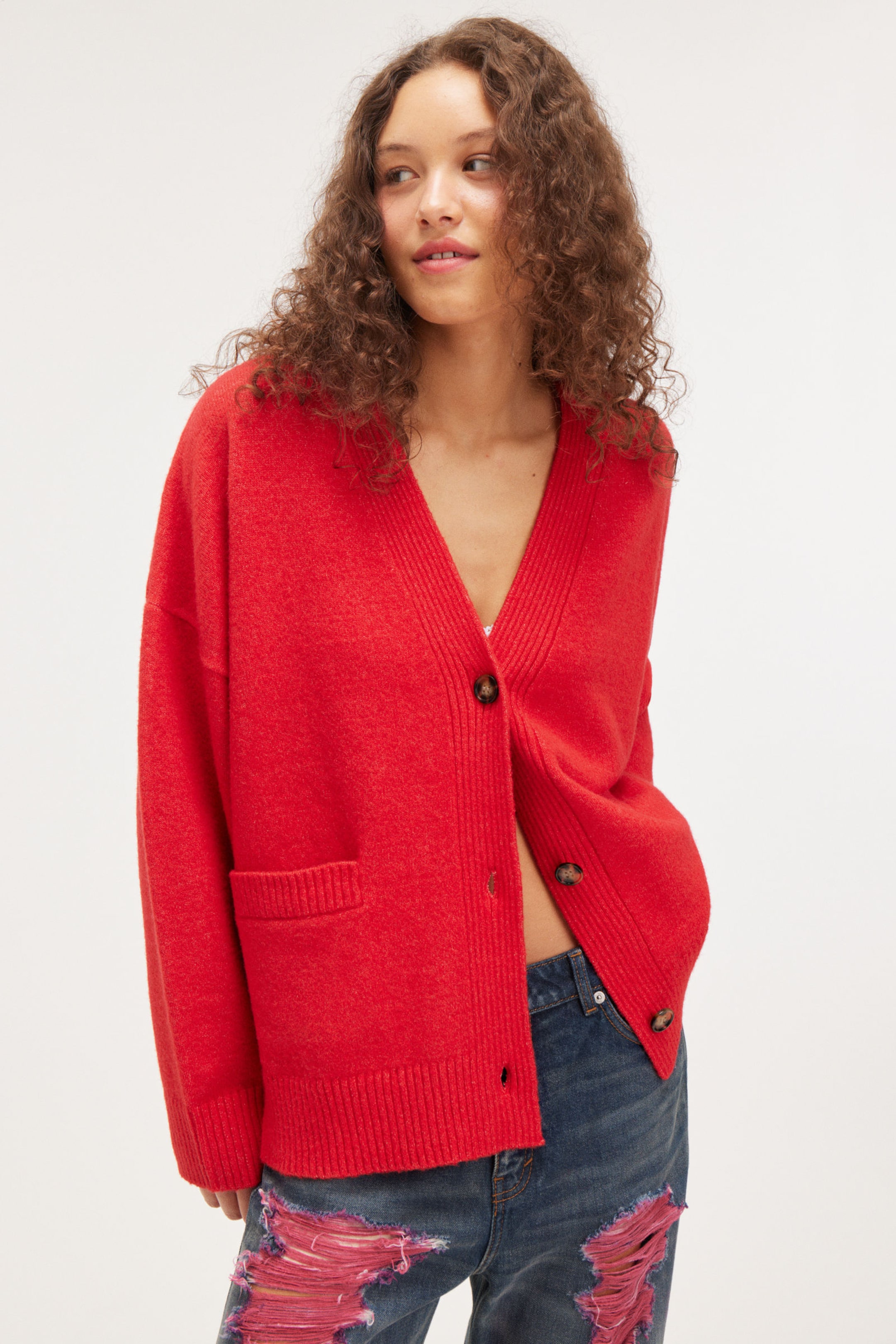 Bright Red Melange - Relaxed knitted cardigan - 1