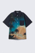 Dark Blue - Palm Fiction - Oversized Short-Sleeved Cotton Poplin Shirt - 4