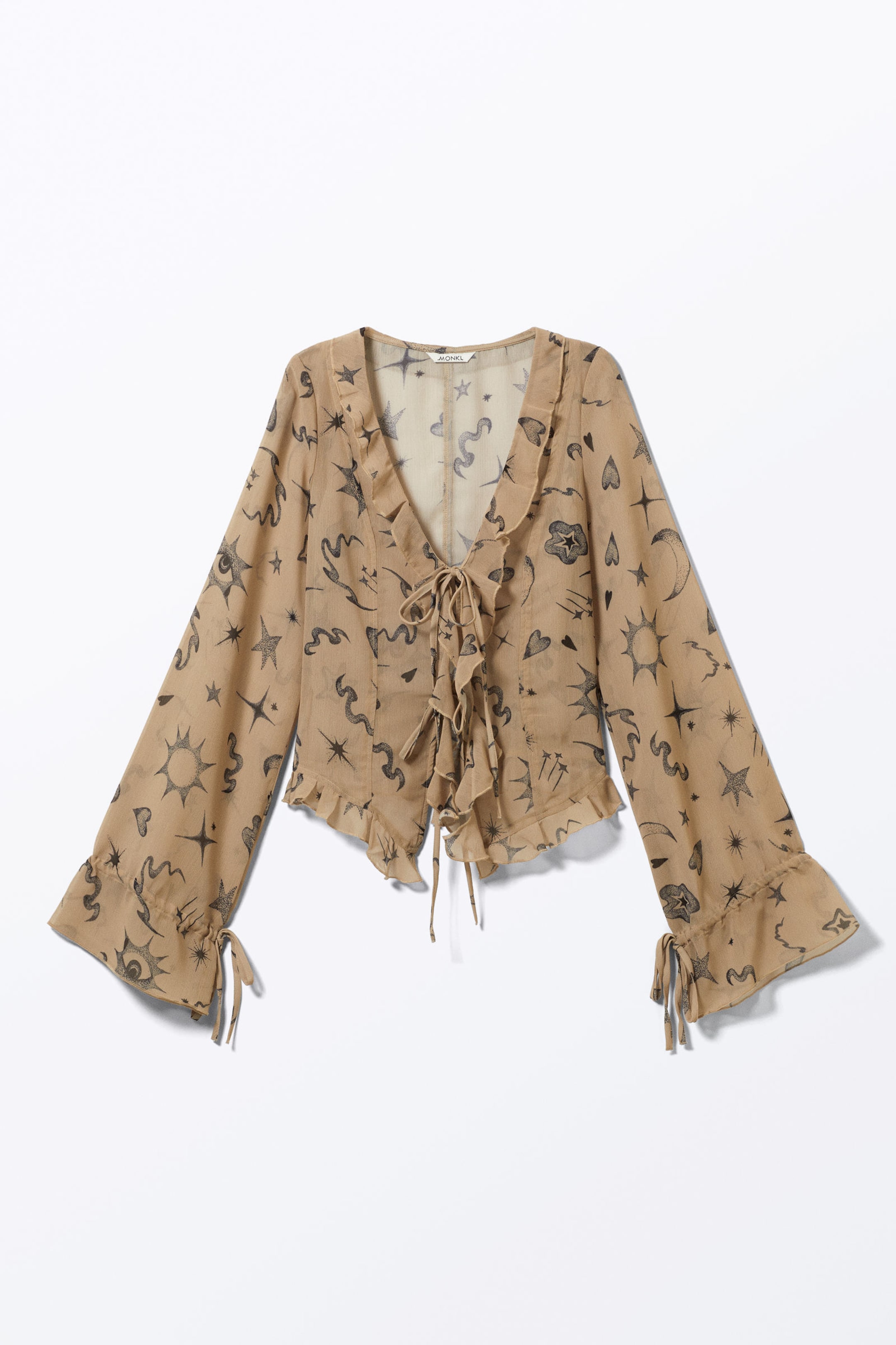 Beige - Astro Pop - Sheer Chiffon Tie Blouse - 3
