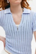Light Blue - White Stripes - Knitted Short-Sleeved Cotton Polo Top - 1