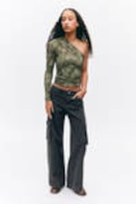 Khaki Green - Spray Flowers - Draped One-Shoulder Nylon Top - 1