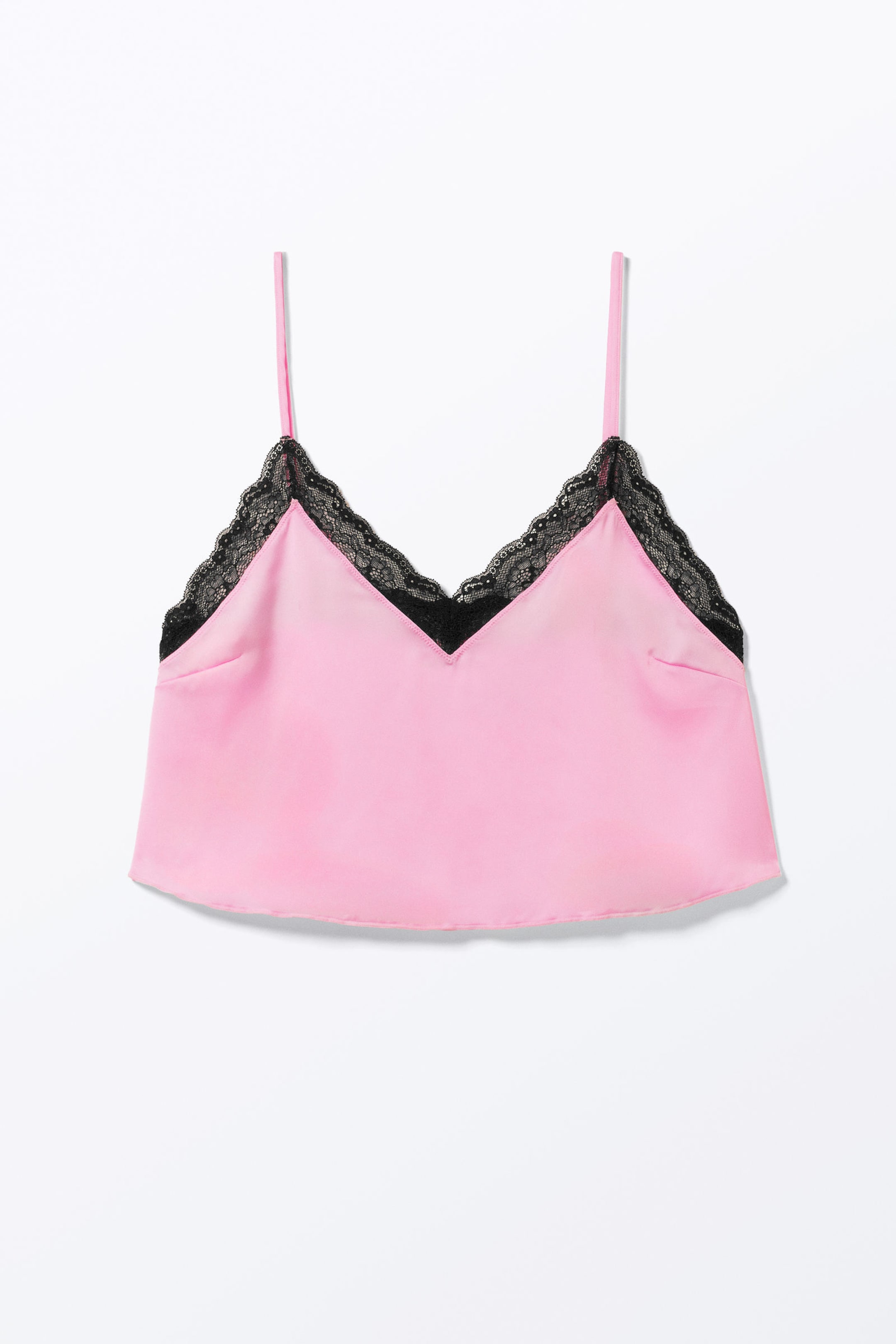 Pink - Black Lace - Lace Satin Strap Top - 3