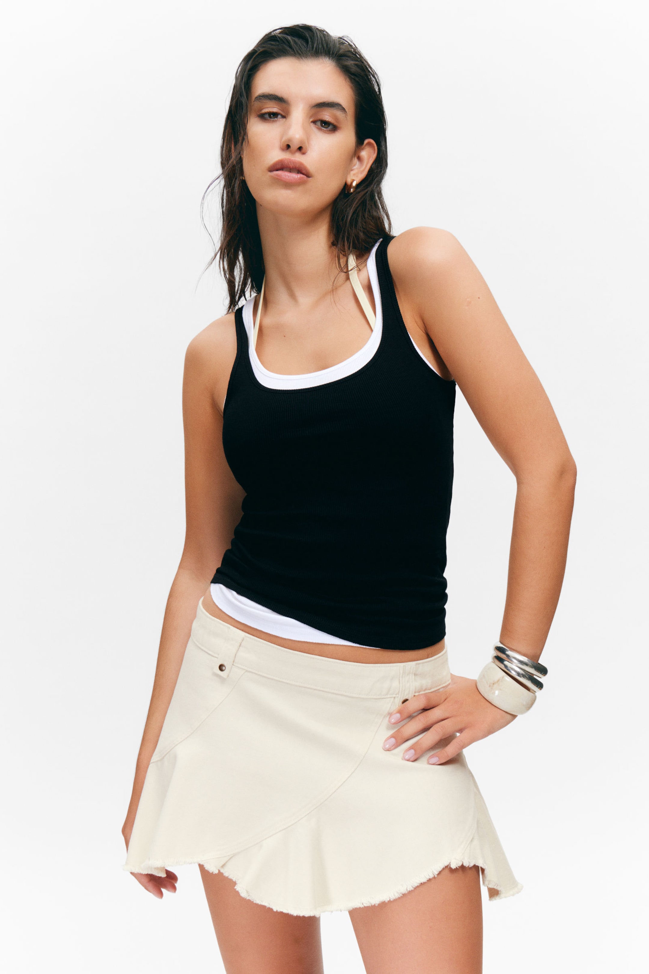 #ECE9E2 - Frayed Asymmetric Mini Twill Skirt - 2