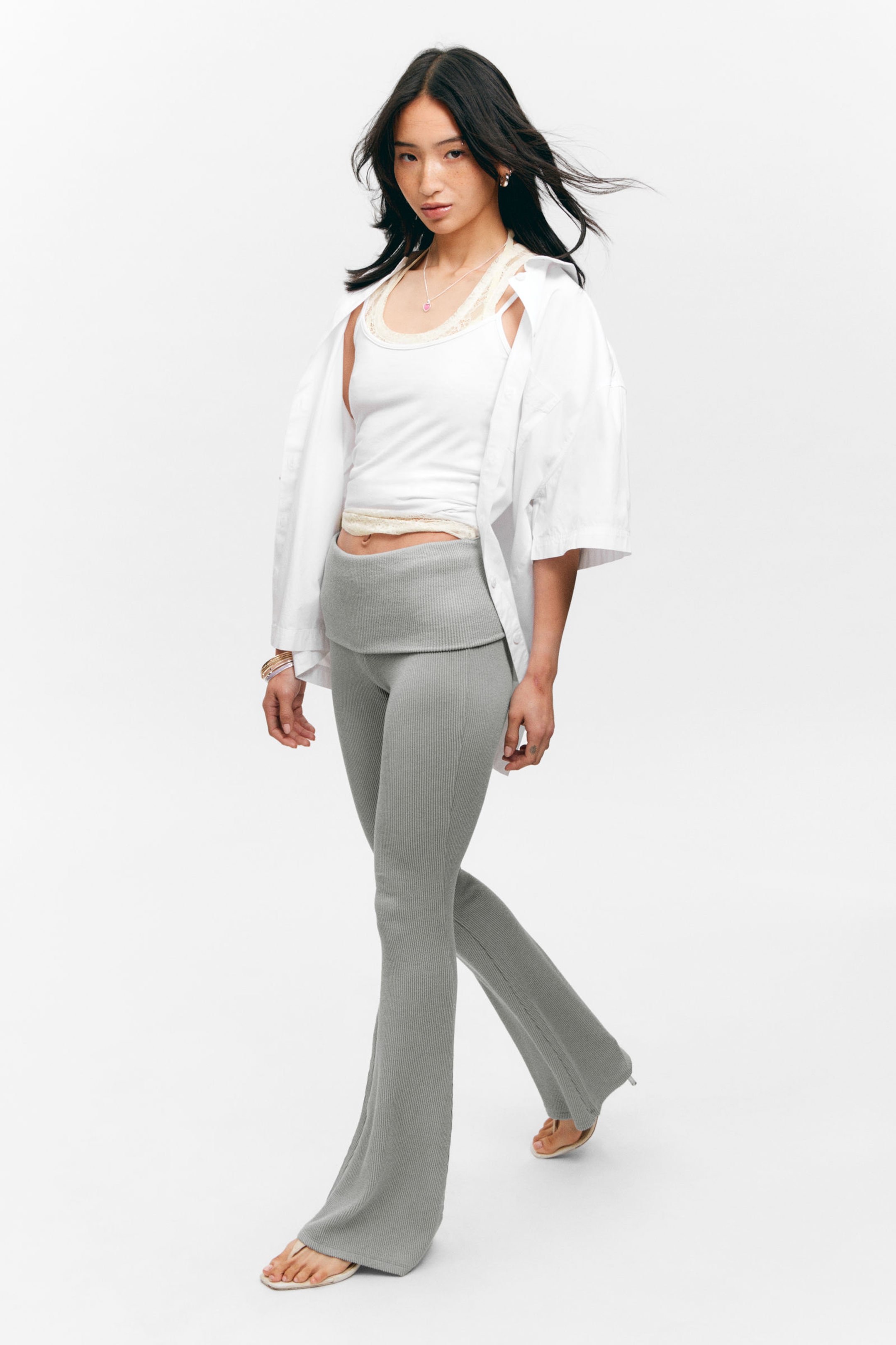Dusty Grey - Low Waist Flared Ribbed Trousers - 2