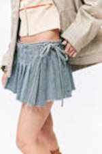 Mid Blue - Pleated Mini Denim Wrap Skirt - 2