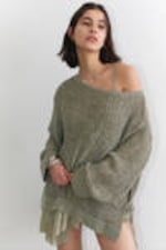 Khaki Green - Loose Open-Knit Side Slit Sweater - 1