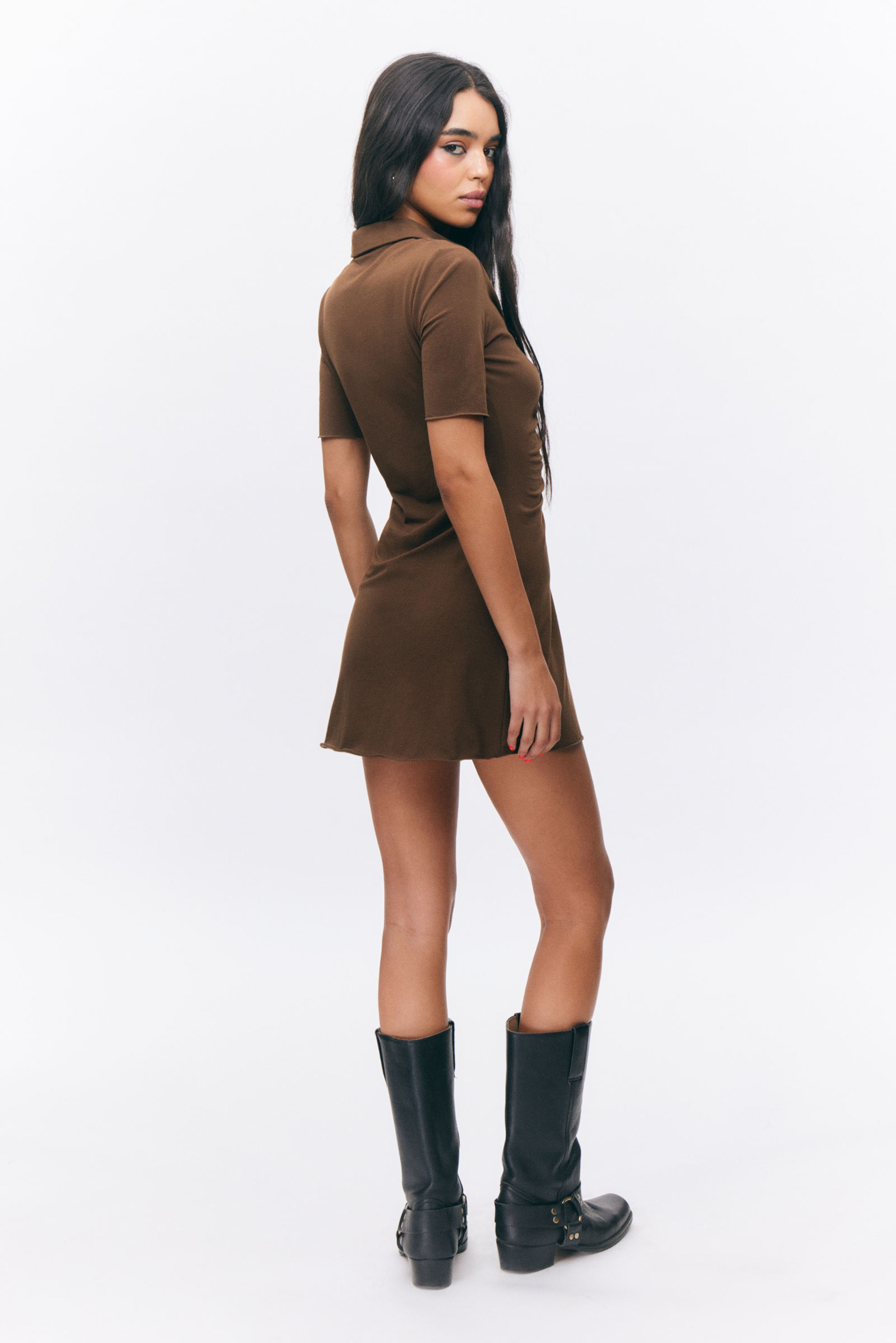 Dark Brown - Short-Sleeved Mini Shirt Dress - 2