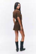 Dark Brown - Short-Sleeved Mini Shirt Dress - 2