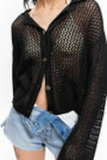 Black - Open-Knit Button-Up Cardigan - 2