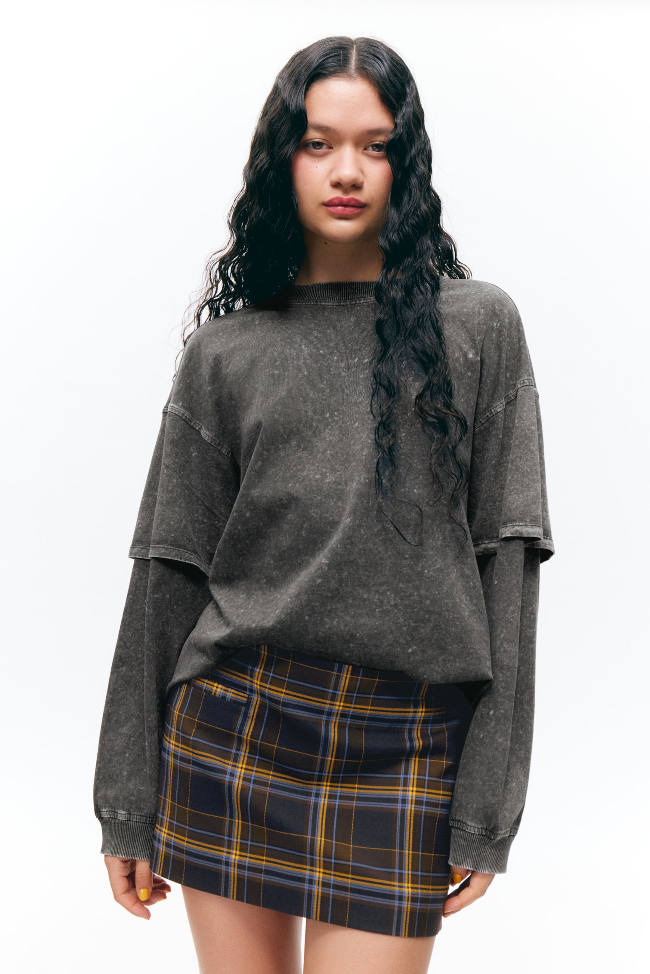 Washed Black - Long-Sleeved Double-Layered Oversized T-shirt - 0