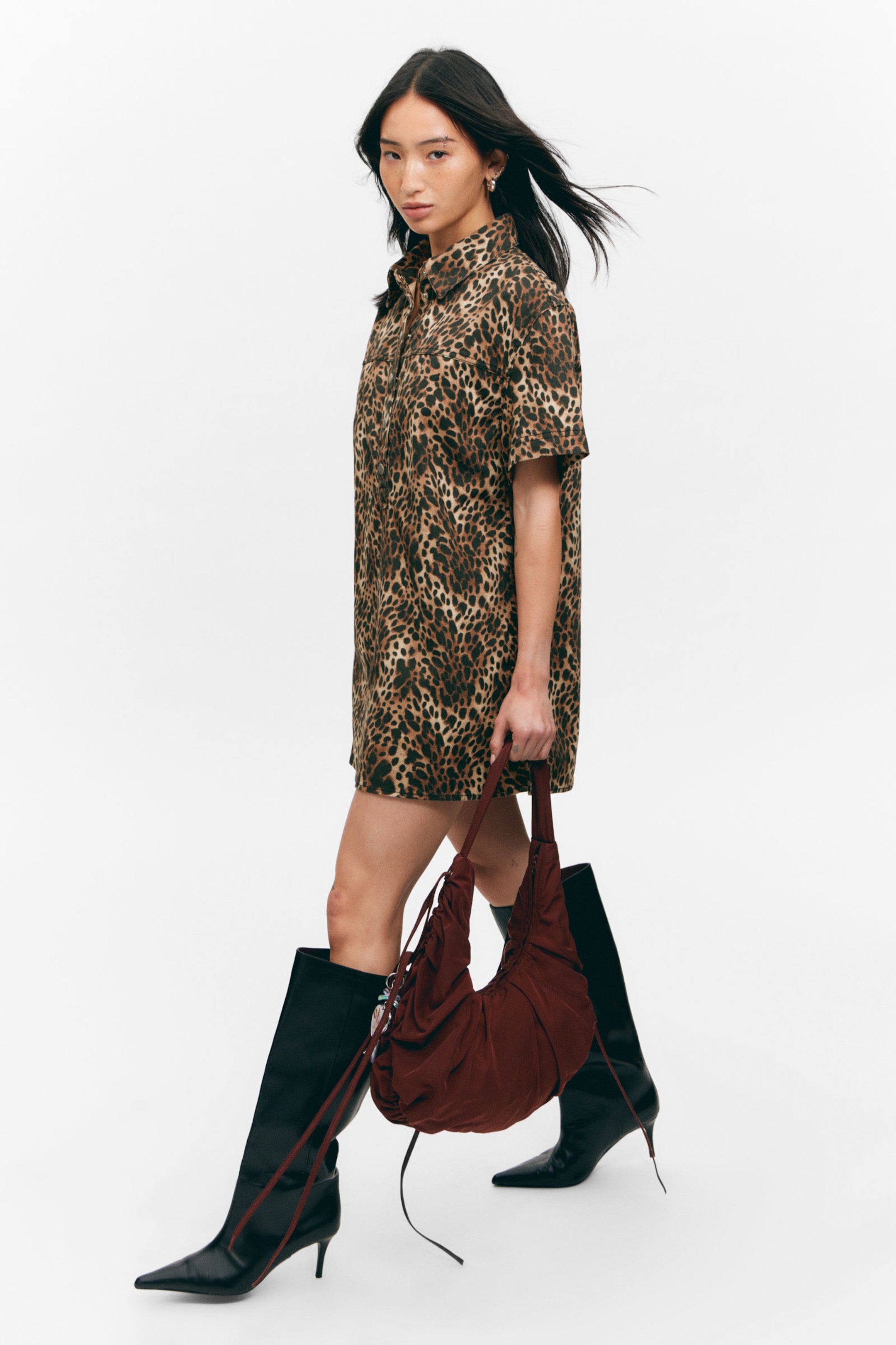 Leopard - Short-Sleeved Mini Shirt Dress - 2