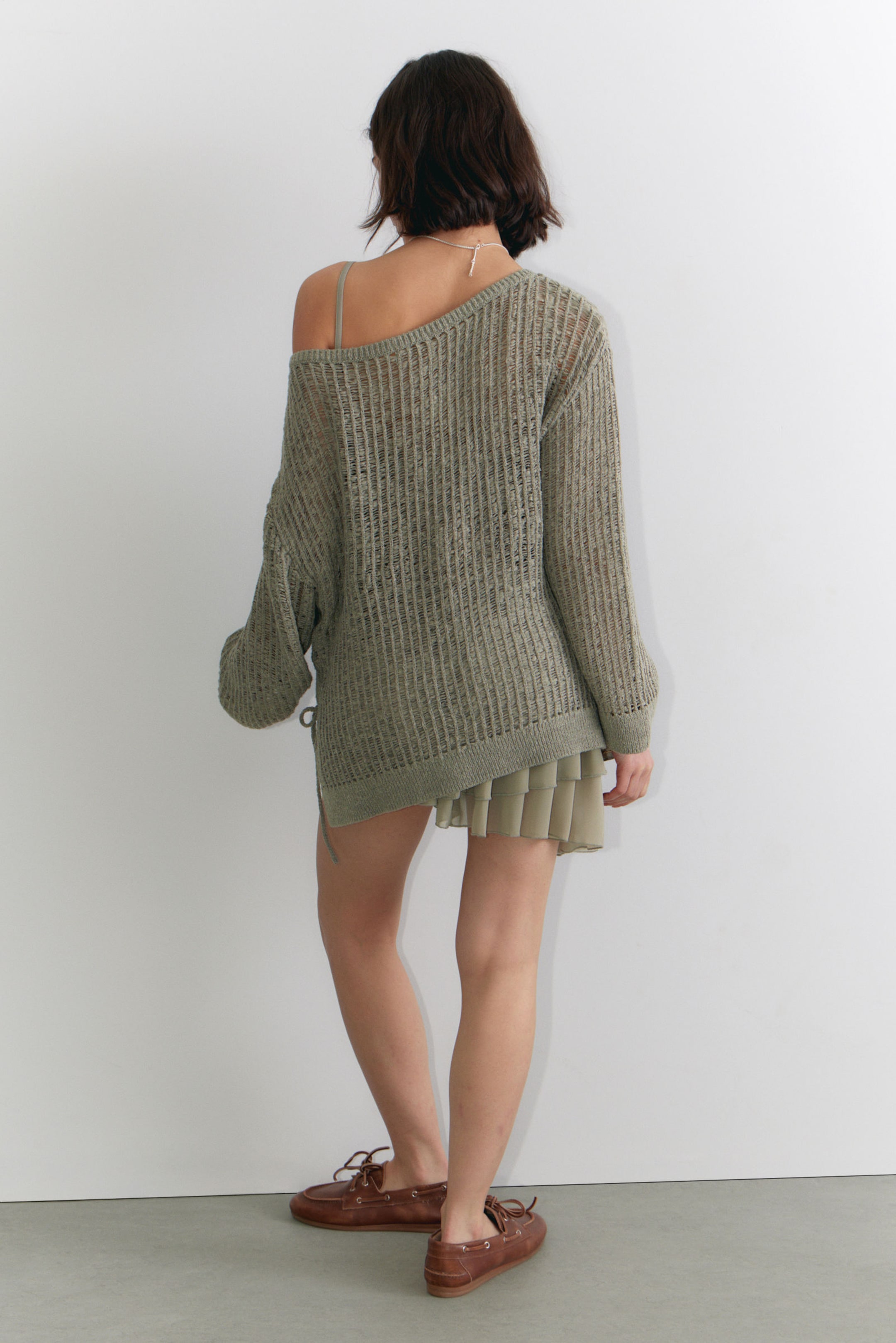 Khaki Green - Loose Open-Knit Side Slit Sweater - 2