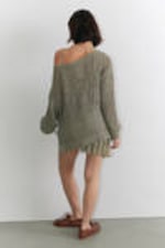 Khaki Green - Loose Open-Knit Side Slit Sweater - 2
