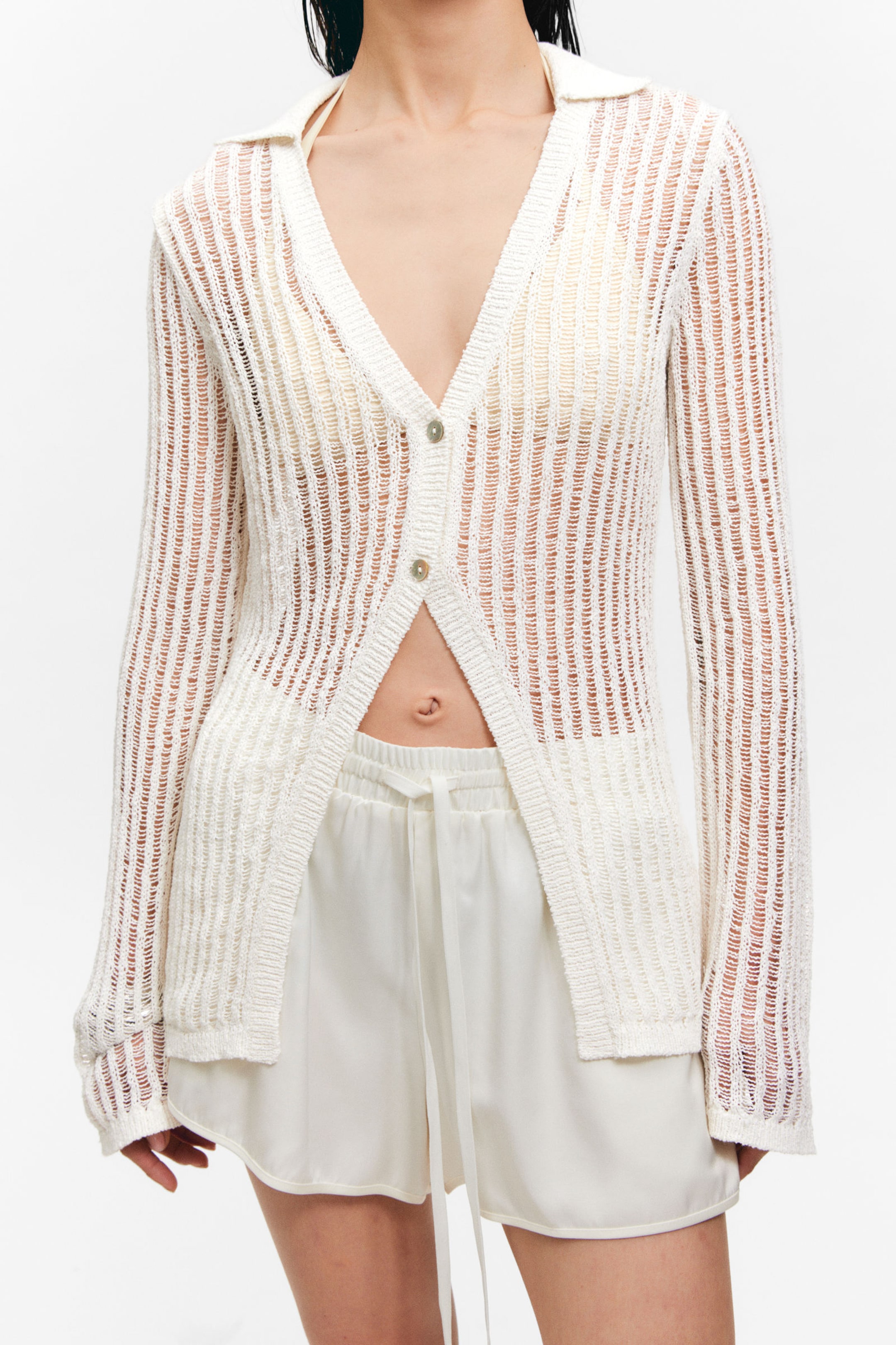 Dusty White - Open-Knit V-neck Cardigan - 2