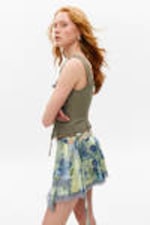Light Yellow - Blue Floral - Lace-Trim Satin Wrap Mini Skirt - 2