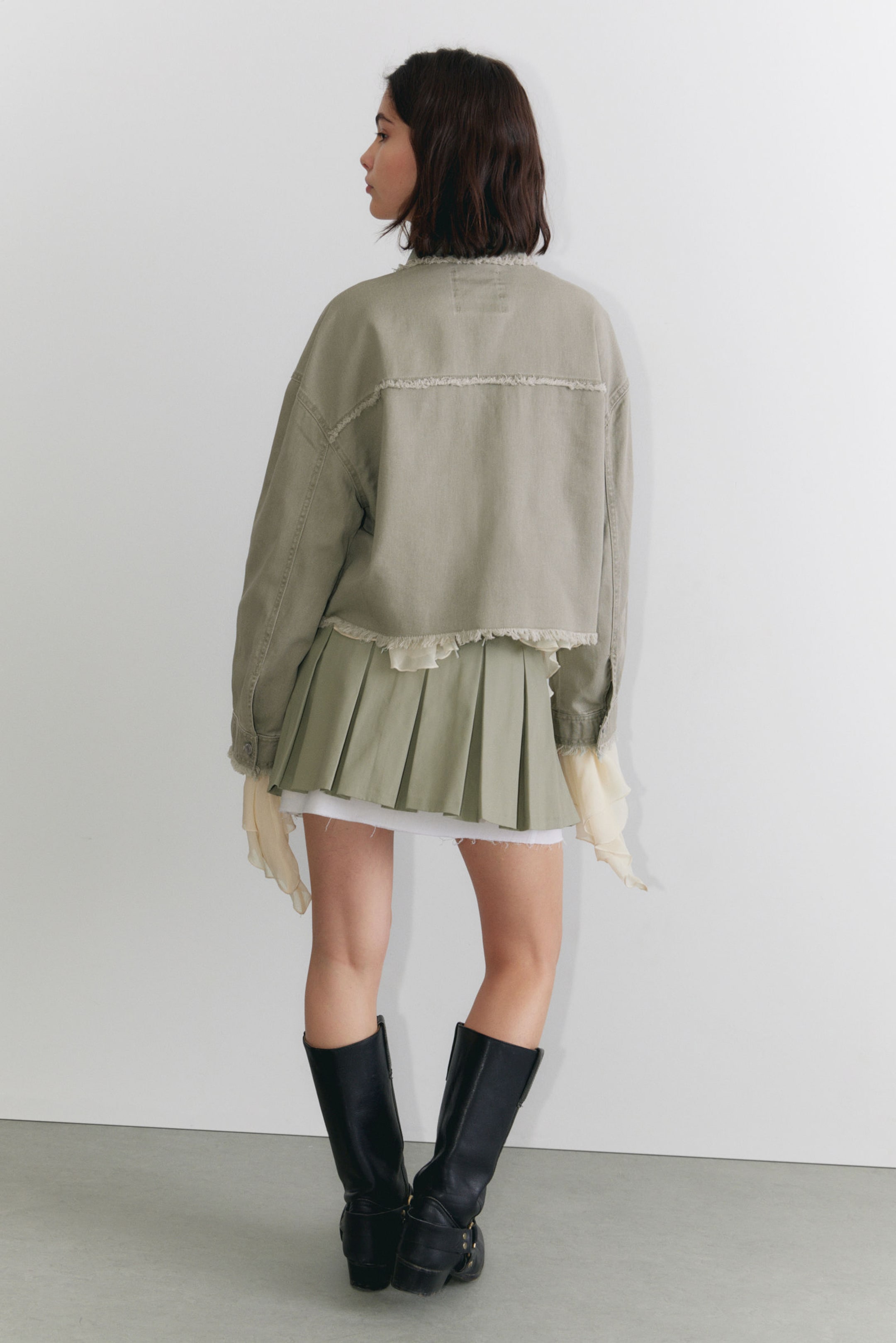 Khaki Green - Cropped Boxy Twill Jacket - 3
