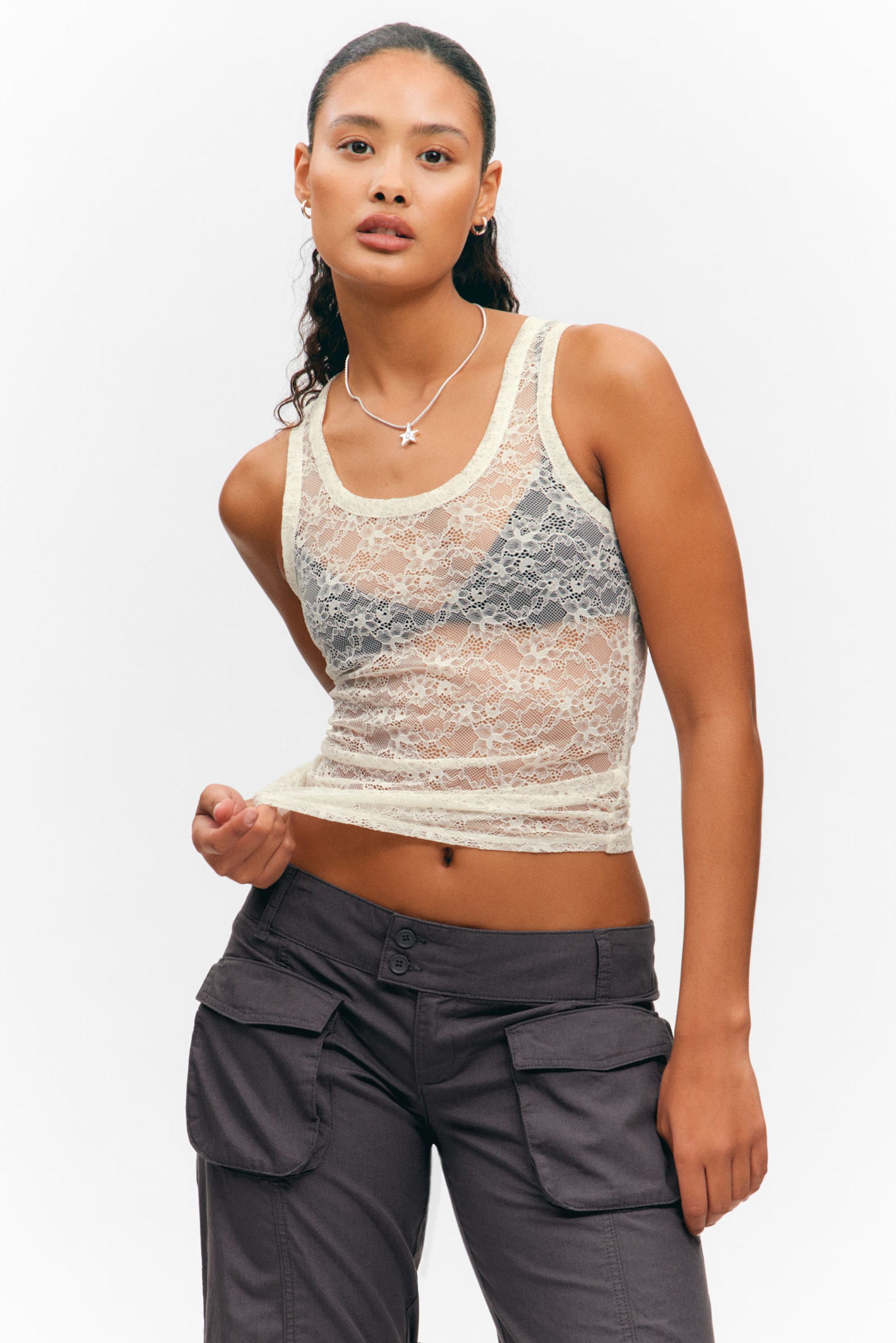#ECE9E2 - Sheer Lace Sleeveless Tank Top - 1