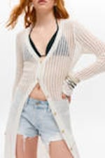 White - Open-Knit V-neck Maxi Cardigan - 1