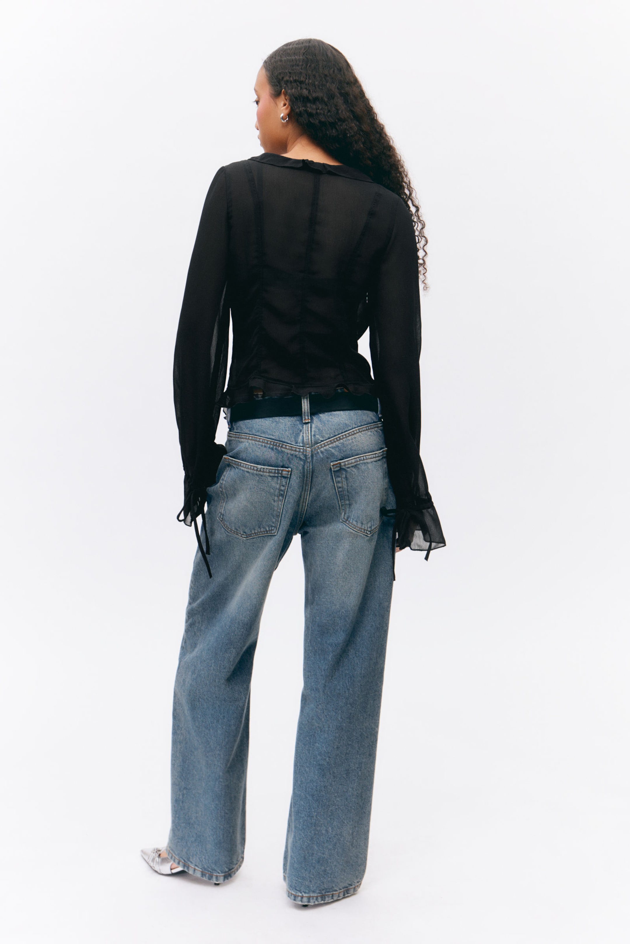 Black - Sheer Chiffon Tie Blouse - 2